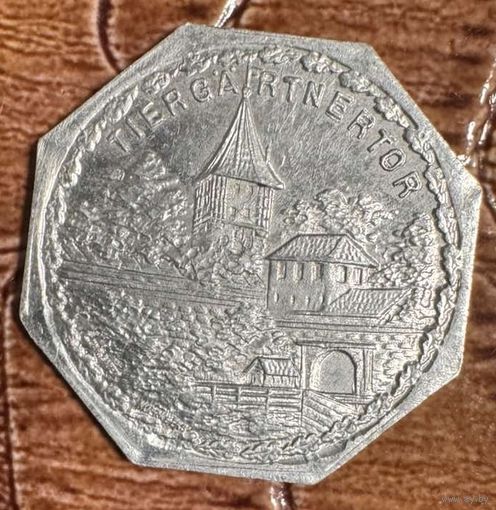 Германия Нюрнберг нотгельд 20 пфеннигов 1919 год . Ворота зоопарка. трамвайный жетон