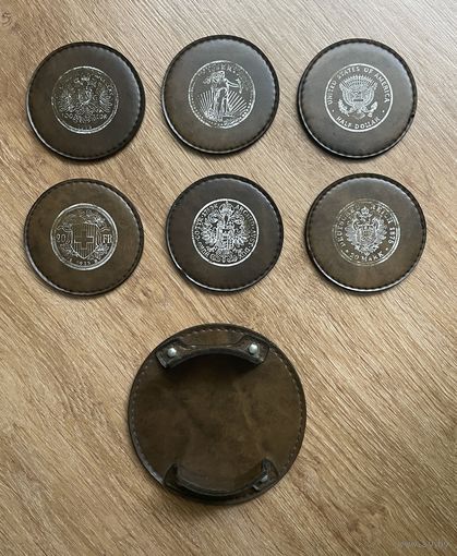 Набор подставок для пива и напитков (бирдекель, костеры) с изображениями известных монет США, Германия, Австро-Венгрия, Франция / диаметр 10 см