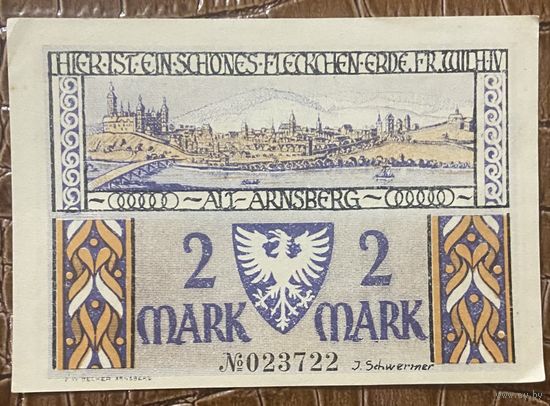Нотгельд 2 марки 1922 год. Арнсберг. Веймарская республика