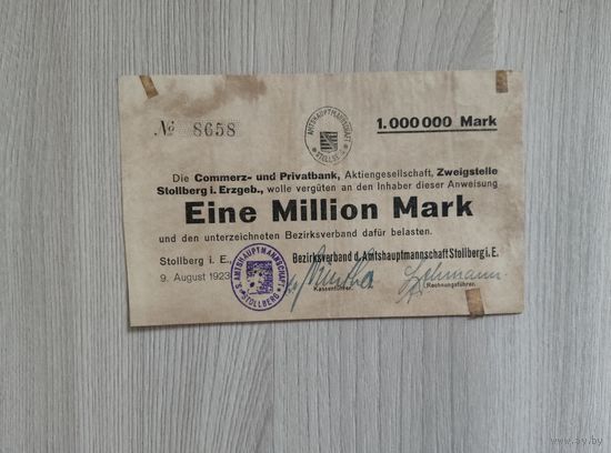Штольберг частный коммерческий банк 1000000 марок 1923год.