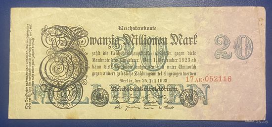 Банкнота 20 миллионов марок 1923 год. Веймарская республика