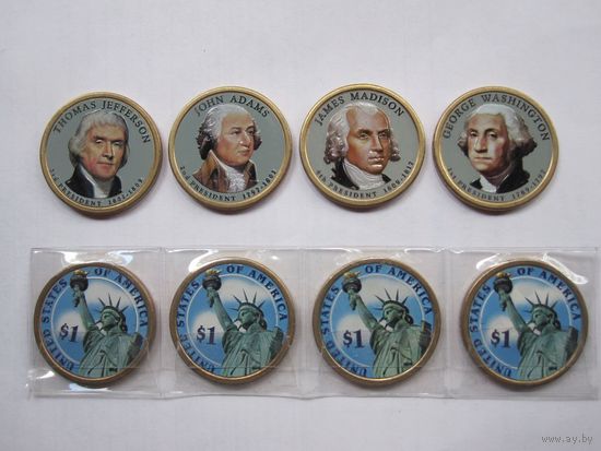 США 1 доллар 2007 1, 2, 3, 4 й президент цветная эмаль 4 шт