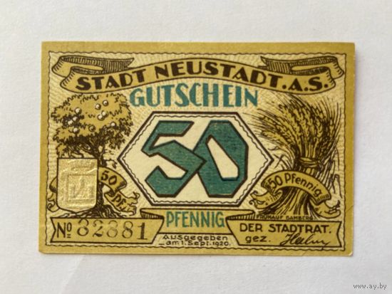 Нотгельд 50 пфеннигов Ньюштадт. Веймарская республика - 1602
