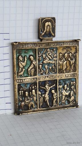 ИКОНА ПЛАСТИКА МЕДНОЛИТАЯ ЭМАЛЬ ИЗБРАННЫЕ ПРАЗДНИКИ  18 ВЕК .