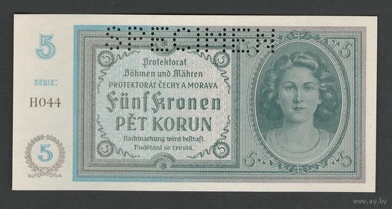 Чехословакия Богемия и Моравия 5 крон 1940 года. Перфорация. Тип P-4. Состояние UNC