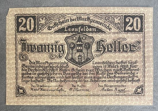Нотгельды Австрия Леонфельден, 20 геллеров 1920 год