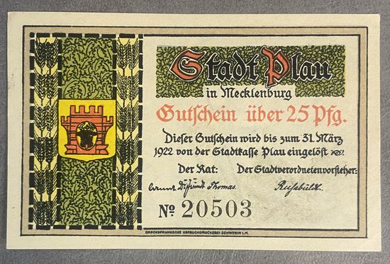 Нотгельд 25 пфеннигов 1922 год. Плау. Веймарская республика.