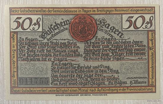 Нотгельд Ганновер 50 пфеннигов 1921 год. Веймарская республика
