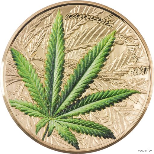 Бенин 1000 франков 2021г. "Марихуана / Cannabis Sativa". Proof. Gilded. Монета в капсуле; подарочном футляре; номерной сертификат; коробка. СЕРЕБРО 31,10 гр. (1 oz).