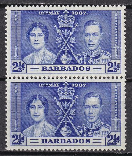 66.BrKS. Великобритания. Колонии.  Барбадос. Коронация Георга VI и Елизаветы. 1937 г. 2 1/2P. Mi.#154. Пара. MNH.
