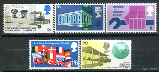 Великобритания - 1969г. - годовщины, авиация, флаги - 5 марок - полная серия, MNH, номинал 5 с маленьким повреждением левого нижнего уголка [Mi 511-515]. #3-GB-Z-1-18