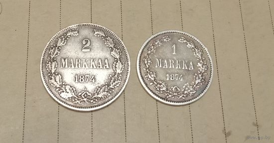 С РУБЛЯ. Редкость! Супер лот! Серебро. 2 монеты одним лотом! Русско- Финские 1 и 2 марки 1874. Александр II.