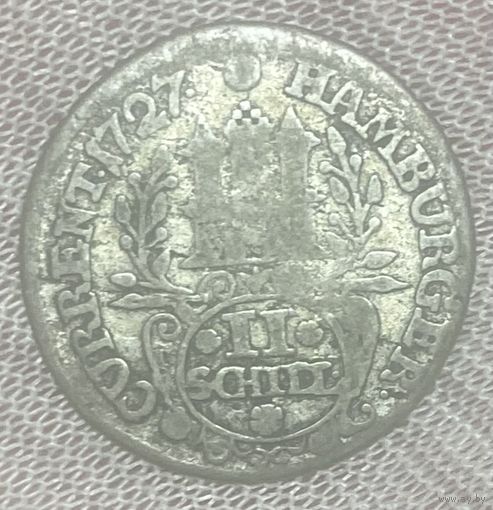 Монета 2 шиллинга 1727 год. Гамбург. Серебро