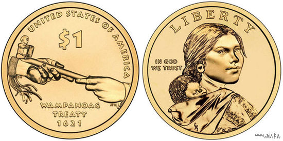 1 доллар 2011 год США Трубка мира (Договор с Вампаноагами)Сакагавея