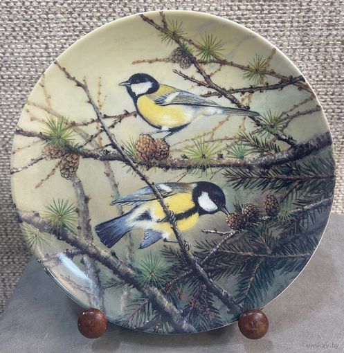 Декоративная настенная тарелка Tirschenreuth Обед на лиственнице. Из серии Самые красивые портреты птиц Карла-Ганса Бёзе. Германия 1995 год. 19.5 см