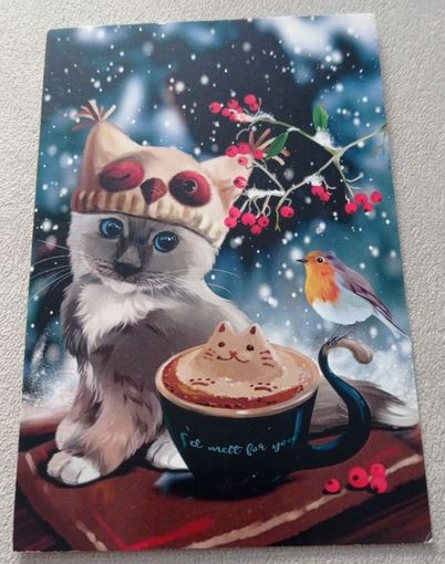 Посткроссинг. Открытка "Капуччино", худ.Лорри Кайенна (10х15). Прошла почту. Марки, чёткий штемпель.