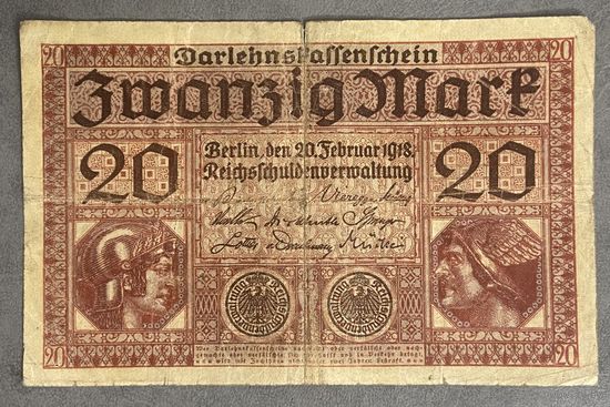 Банкнота 20 марок 1918 год. Германская империя.