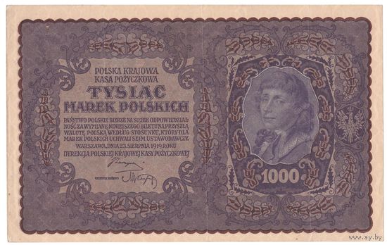 Польша 1000 марок 1919 года. Костюшко. I серия AА. Префикс из двух букв. Состояние XF! Тип P029. Нечастая!