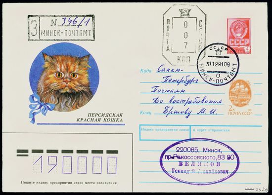 СССР 1990-1991 гг Художественный маркированный конверт ХМК с провизориями Персидская красная кошка