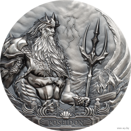 RARE Острова Кука 20 долларов 2019г. "Древнегреческой Бог: Посейдон". Монета в капсуле, подарочном футляре; номерной сертификат; коробка. СЕРЕБРО 93,30гр.(3 oz).