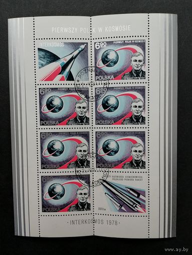 Польша 1978 Блок Mi.71 с 6 марками и 2 купонами "Программа "ИНТЕРКОСМОС": первый польский космонавт" (гашение с клеем) Mi.2564 каталог 5.00 евро