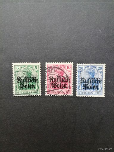 Польша 1915 Неполная серия марок "DEUTSCHEN REICHES" периода немецкой оккупации Польши с надпечаткой "Deutschen post in Polen" (гашение, есть наклейки) Mi.2-4 каталог 1.60 евро