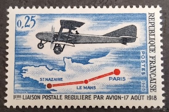 Франция. 1968г. Mi1632**. 50 лет Авиапочтовой службе. Двухмоторный биплан.
