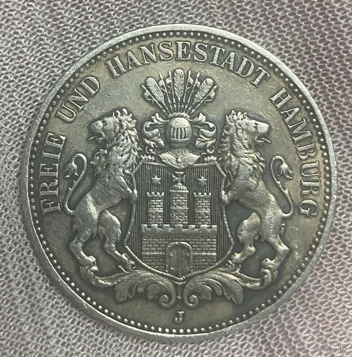 Монета 3 марки 1909 год Гамбург. Германская империя. Серебро