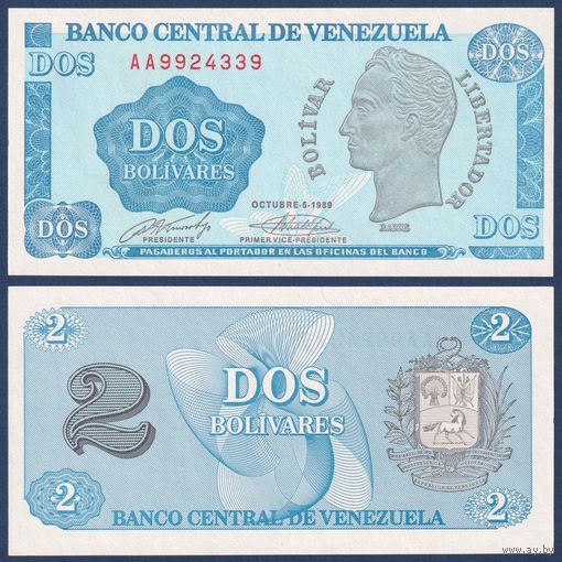 Венесуэла, 2 боливара 1989 г., P-69 (АА, генерал Симон Боливар), UNC