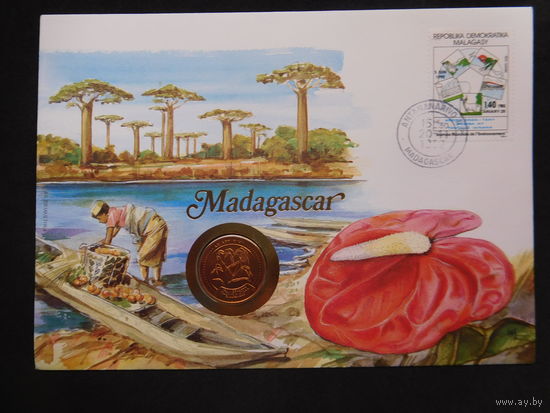 Мадагаскар 5 ариари 1992 г лодка конверт первого дня КПД
