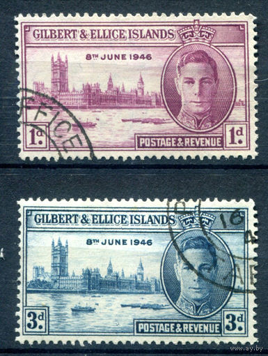 Британские колонии - Острова Гилберта и Эллис - 1946г. - Годовщина Победы во Второй Мировой войне, король Георг VI, здание парламента в Лондоне - 2 марки - полная серия, гашёные [Mi 50-51]. #2-Bc-46-A