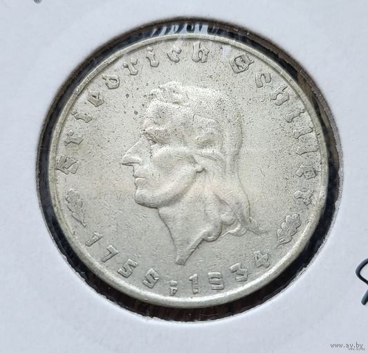 2 рейхсмарки 1934 Третий рейх 175 лет со дня рождения Фридриха Шиллера F Штутгарт. Серебро! ВОЗМОЖЕН ОБМЕН!