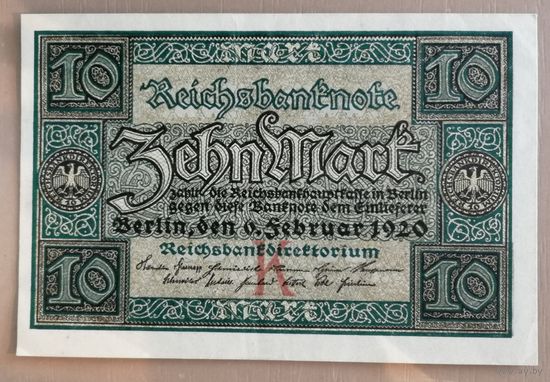 Германия, 10 марок 1920 год, Ro.63a, DEU-72a, Х Х.#7 (# черный), не частая серия "Y"