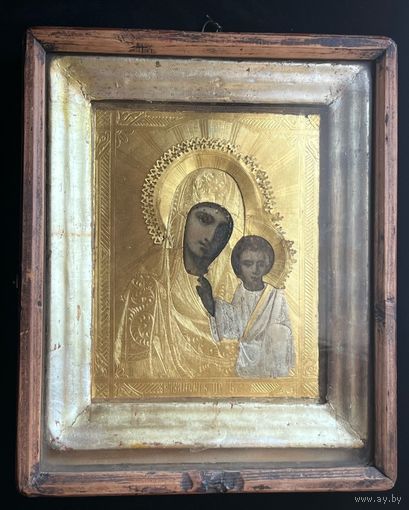 Икона Казанской Богоматери, штихельный оклад, позолота, с рубля!!!