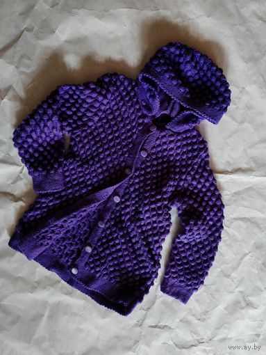 Кардиган с отстегивающимся капюшоном, ручная объемная вязка, новый, размер S-M