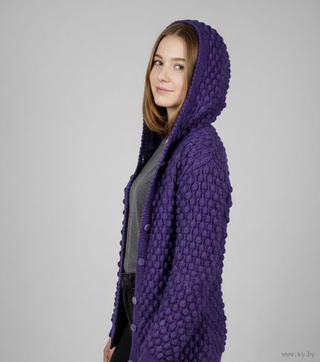 Кардиган с отстегивающимся капюшоном, ручная объемная вязка, новый, размер S-M