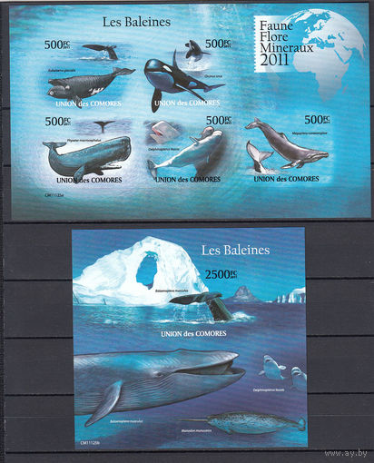Фауна. Киты. Коморы. 2011. 1 малый лист и 1 блок б/з. Michel N 3058-3062, бл634 (25,0 е)