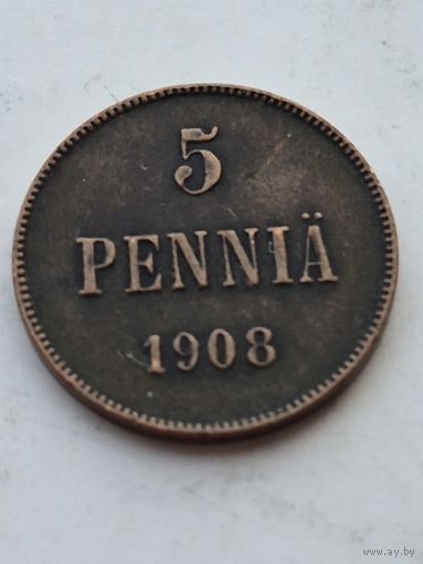 5 пенни 1908 года для Финляндии (Николай II). Монета не чищена. 45188