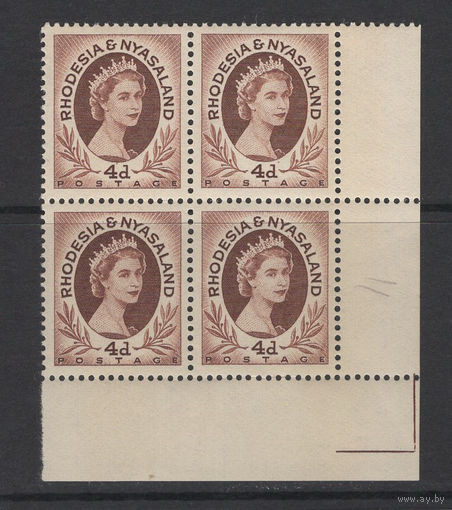 Родезия и Ньясаленд / Rhodesia & Nyasaland  1954-56 ** 4d, квартблок  угловой  4 марки    SG 5