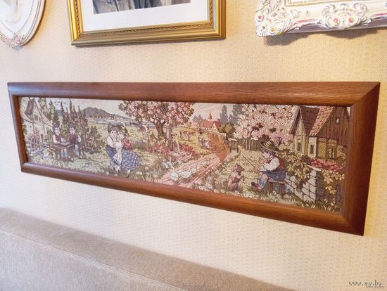 - ГОБЕЛЕН Германия 140х41 см Деревянная рама 1950-ые Единый ! Редкость !