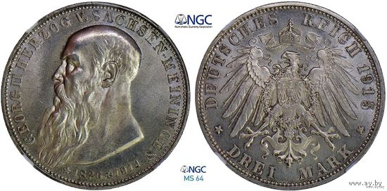 3 марки 1915 г. Саксен-Мейнинген. Германия. NGC MS 64. Серебро. Очень редкие. 30 тыс. шт. КМ# 207