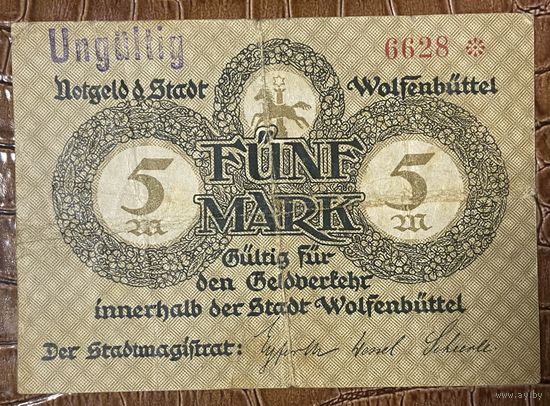 Банкнота 5 марок 1918 год. Вольфенбюттель. Веймарская республика.
