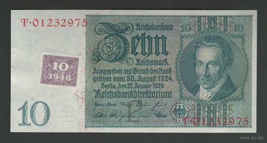 Германия 10 марок 1948 года. С маркой. Тип Р-4a. Состояние UNC!
