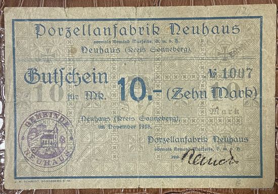 Банкнота 10 марок 1918 год. Зоннеберг. Веймарская республика