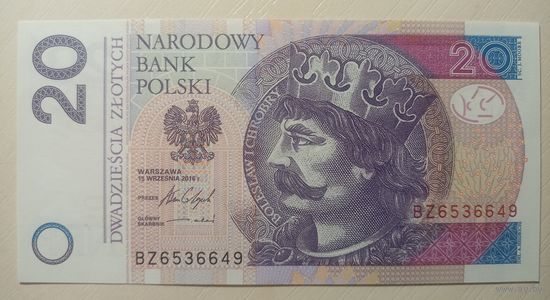 Торг! Польша. 20 злотых 2016 года, серия BZ. UNC
