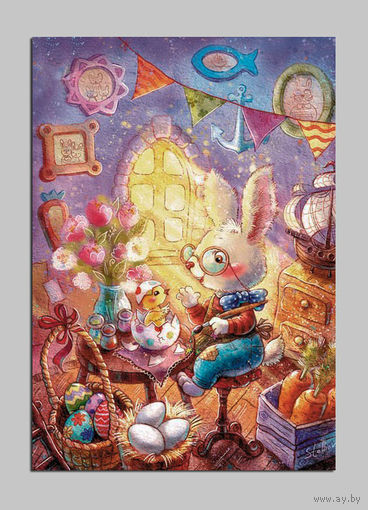 Открытка почтовая. Зайчик. Праздник. Весна. Пасха. Интерьер. Худож. А.Столбова (чистая)