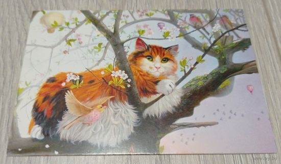 Посткроссинг. Открытка "Кошачьи грёзы", худ.Екатерина Филимонова (10х15). Прошла почту. Художественная марка, чёткий штемпель.