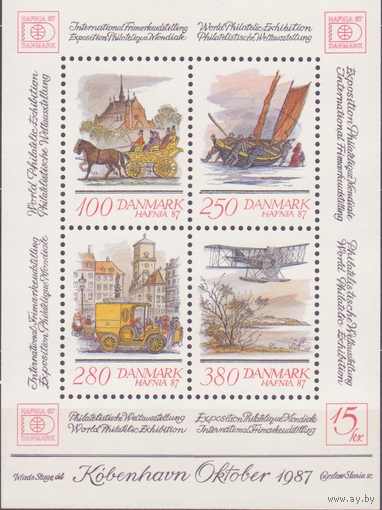 Дания, 1987, Выставка HAFNIA-87 (I), История почты, блок Самолет Автомобиль **\\7