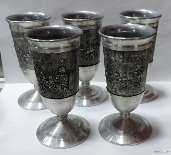 Фужеры с сюжетом 70-е годы Германия. Высота 12.3 см. Олово, цинк. - 5 шт.