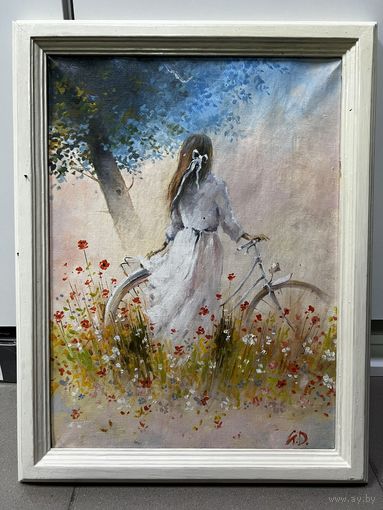 Картина девушка с велосипедом холст масло с рубля